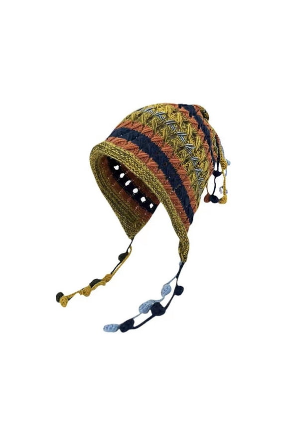 Knitted Crocheted Colorful Wool Hat Crochet Warm Earflap Hat Tassel Hood I1