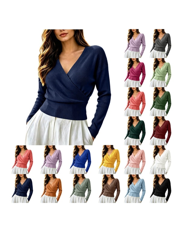 Knitted Cropped Sweater for Women Wrap V-Neck Long Sleeve Cinched Waist Fall Soft Stylish Elegant Tops S-XXL