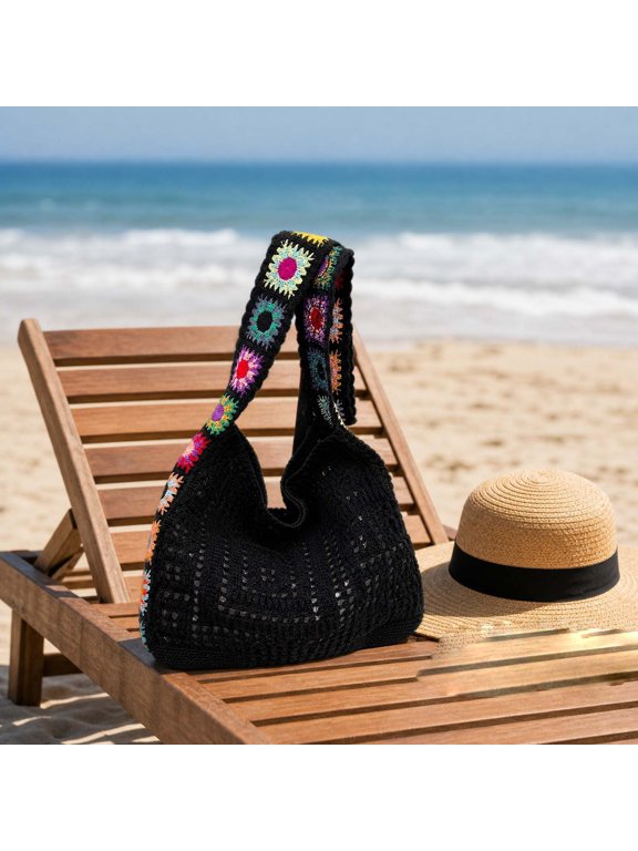 Knitted Crossbody Bag, Black Handmade Woven Shoulder Tote Bag, Colorful Floral Decor Strap Handbag, Fashion Casual Summer Bag for Daily Commute, Outdoor Shopping, Beach Holiday Travel