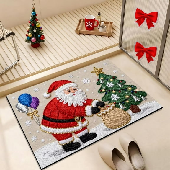 Knitted Crystal Velvet Christmas Bathroom Mat - Absorbent Non-Slip Floor Mat, Unhemmed Design for Toilet Door & Entryway, Bath Rug for Home, Festive Decorative Foot Mat, 23.62*15.75in, L