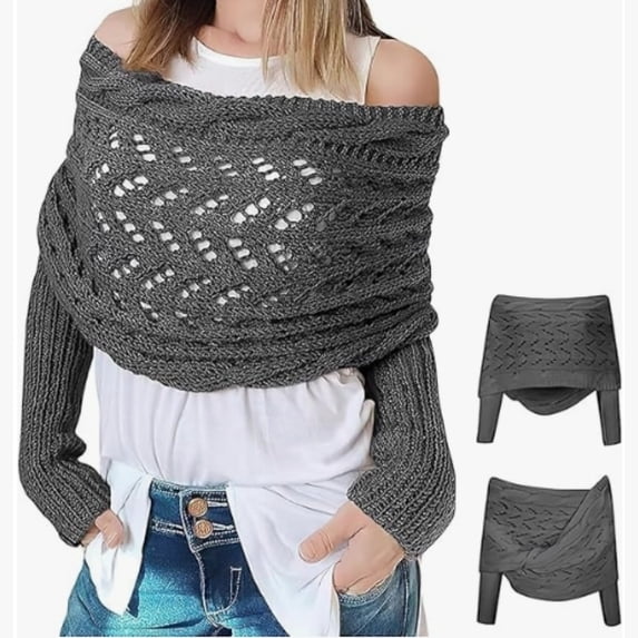 Knitted Double Sleeve Scarf,Scarf with Sleeves for Women,Women's Knitted Double Sleeve Scarf,Hollow Shawl Scarf With Sleeve,Sweater Scarf for Women,Dark Gray