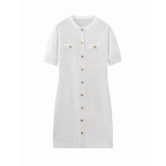 Knitted Dress Women'S Elegant Short Sleeves Round Neck Fake Pockets Single Breasted A-Line Dress White S