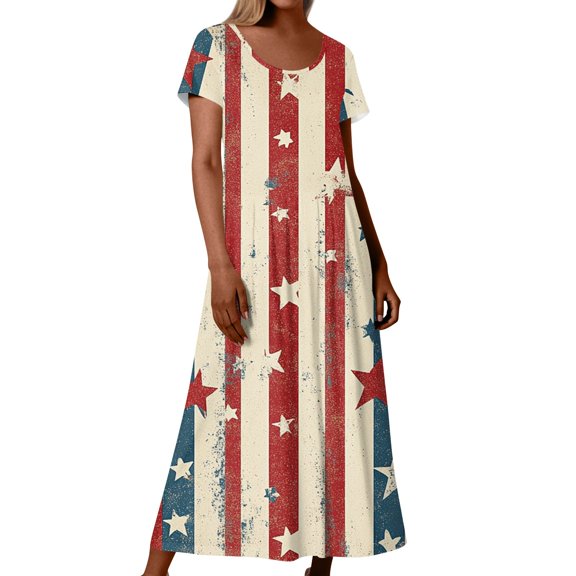Knitted Dresses For Women, American Flag T Shirt Long Dresses Casual Cotton 4Th Of July Patriotic Short Sleeve Round Neck Pocket Dress Outfits Women Burnt Orange Dress Maxi (M, Watermelon Red) ZMTing