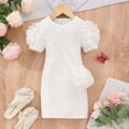 thumbnail image 1 of Knitted Dresses for Girls with Bag Size 3-8 Toddlers Kids Trendy Short Puffed Sleeve Crewneck Solid Color Stretchy Slim-Fit Bodycon Dress, 1 of 7