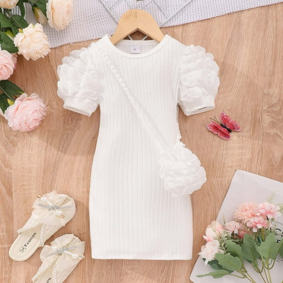 Knitted Dresses for Girls with Bag Size 3-8 Toddlers Kids Trendy Short Puffed Sleeve Crewneck Solid Color Stretchy Slim-Fit Bodycon Dress