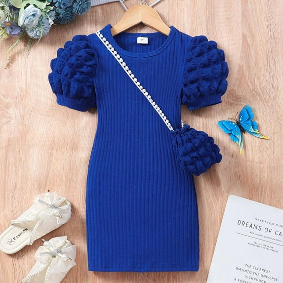 Knitted Dresses for Girls with Bag Size 3-8 Toddlers Kids Trendy Short Puffed Sleeve Crewneck Solid Color Stretchy Slim-Fit Bodycon Dress