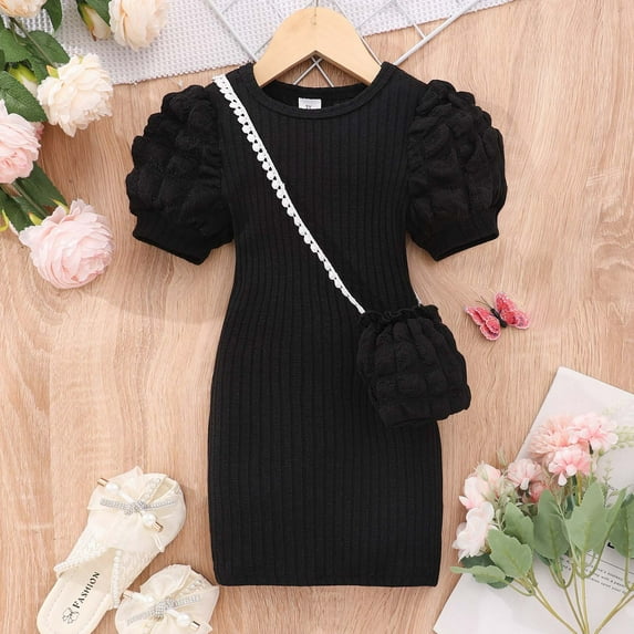 Knitted Dresses for Girls with Bag Size 3-8 Toddlers Kids Trendy Short Puffed Sleeve Crewneck Solid Color Stretchy Slim-Fit Bodycon Dress