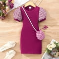 thumbnail image 1 of Knitted Dresses for Girls with Bag Size 3-8 Toddlers Kids Trendy Short Puffed Sleeve Crewneck Solid Color Stretchy Slim-Fit Bodycon Dress, 1 of 7