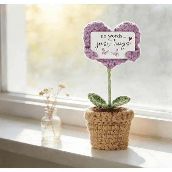 Knitted Emotional Flowerpot Heart Love Hug Crochet Artificial Flowers "no words just hugs"Knitted Wool Doll with Card for Office Desk Home Decoration,Emotional Support Gift for Women