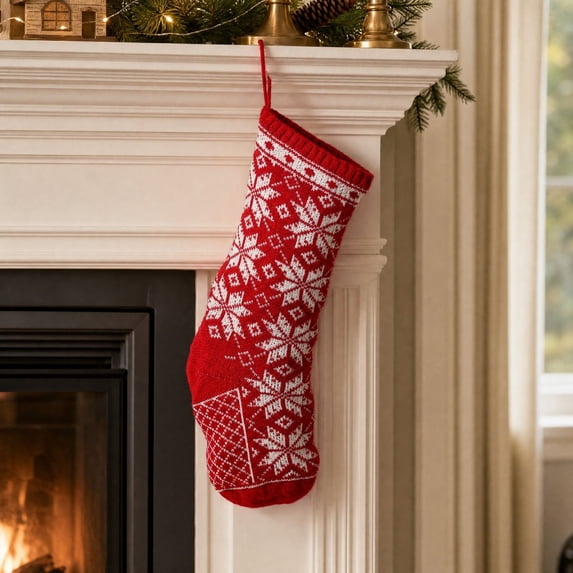 Knitted Festive Christmas Stocking for Christmas Tree Hanging Decor, Soft Wool Gift Sock Ornament for Fireplace Mantel and Home