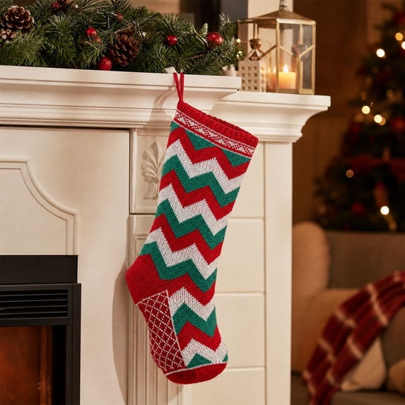Knitted Festive Christmas Stocking for Christmas Tree Hanging Decor, Soft Wool Gift Sock Ornament for Fireplace Mantel and Home