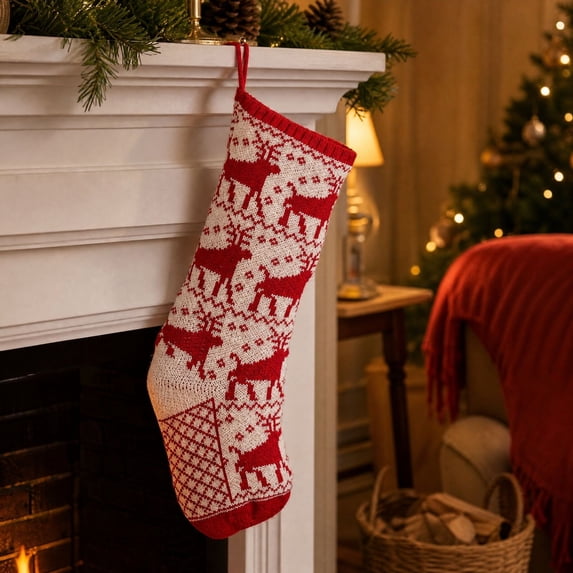 Knitted Festive Christmas Stocking for Christmas Tree Hanging Decor, Soft Wool Gift Sock Ornament for Fireplace Mantel and Home