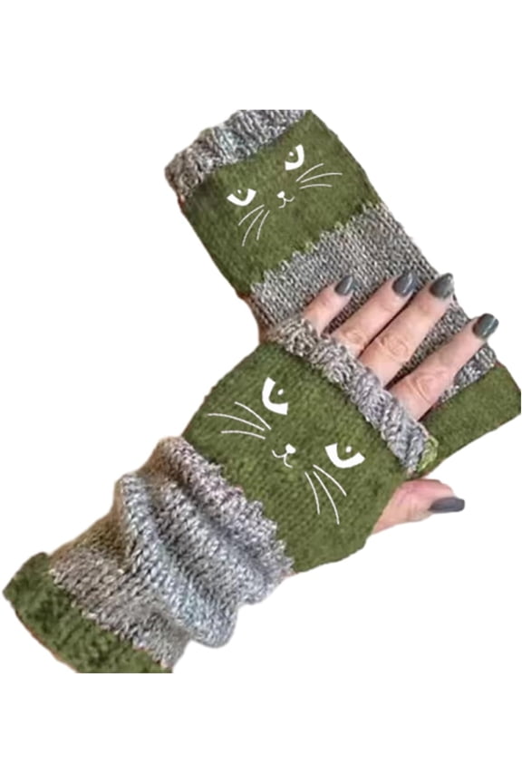 Women's Knitted Fingerless Gloves with Cute Cat Embroidery, Color Block Winter Mittens