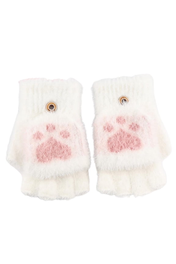Cats Paw Pattern Glove Plush Fingerless Mittens with Flip Top Knitted Gloves