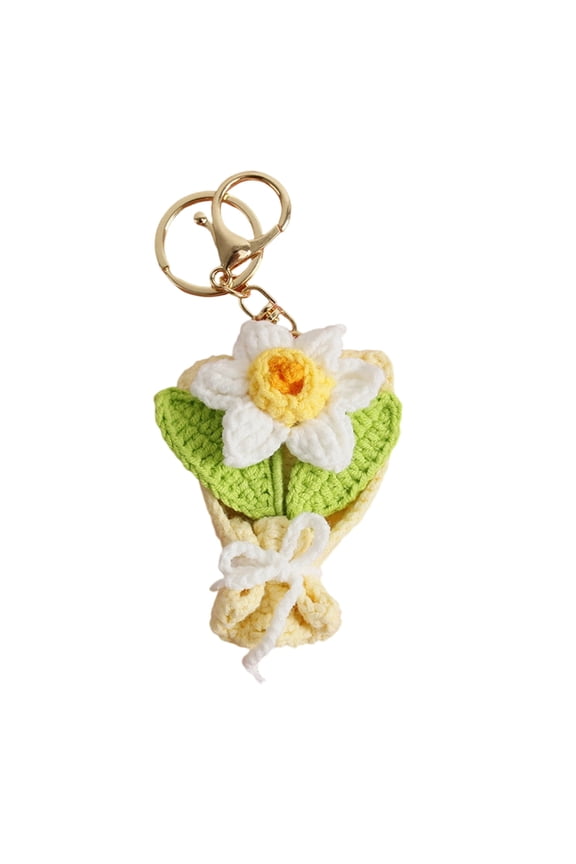 Knitted Floral Keychain Handmade Crochet Flower Bouquet Key Rings Decoration for Backpacks Bags Charm Vehicles Interiors
