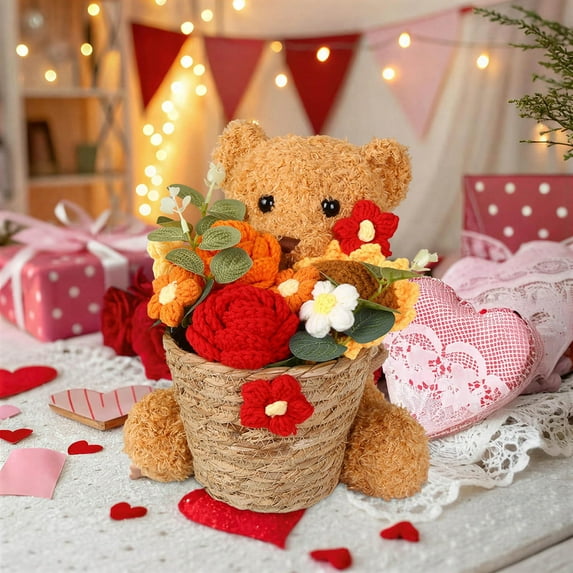 Knitted Flower Bear Gift,Handmade Yarn Bouquet Plush Decoration with Long-Lasting Comfort and Elegant Display,Ideal for Birthday Anniversary Valentine's Day and Romantic Home Decoration-Red
