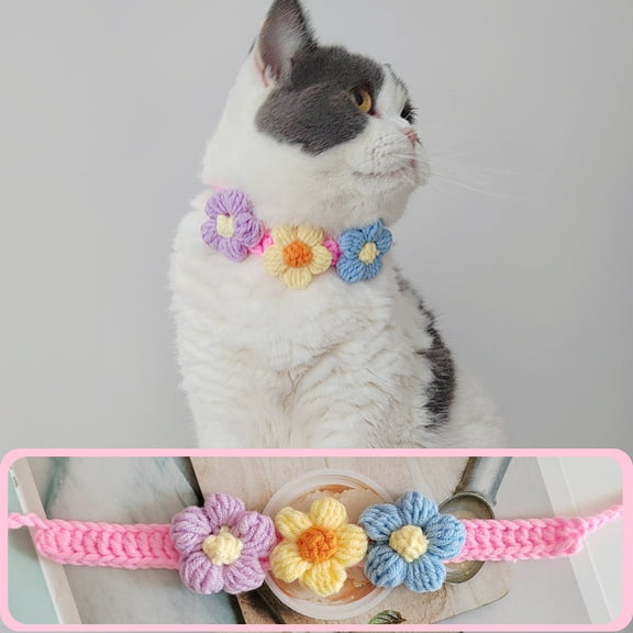 Knitted Flower Collar for Cat or Puppy, Necklace Dog Accessories Kitten Collar Girl Boy Pet Safety Collar Adjustable Length
