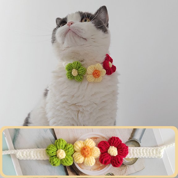 Knitted Flower Collar for Cat or Puppy, Necklace Dog Accessories Kitten Collar Girl Boy Pet Safety Collar Adjustable Length