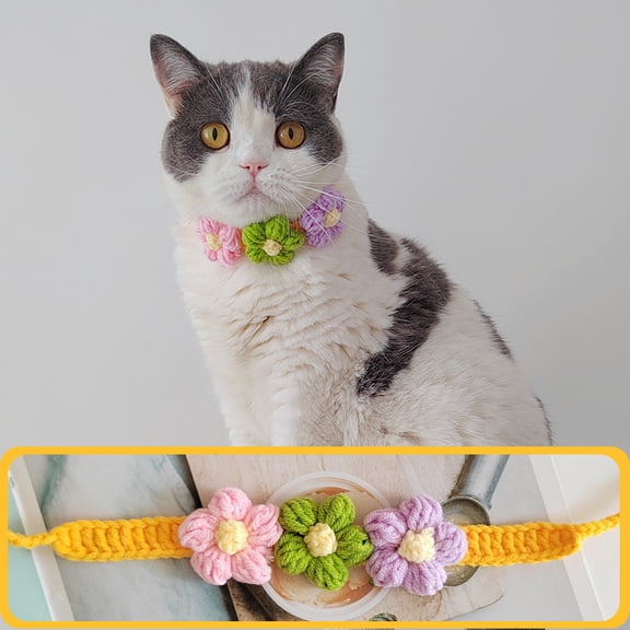 Knitted Flower Collar for Cat or Puppy, Necklace Dog Accessories Kitten Collar Girl Boy Pet Safety Collar Adjustable Length