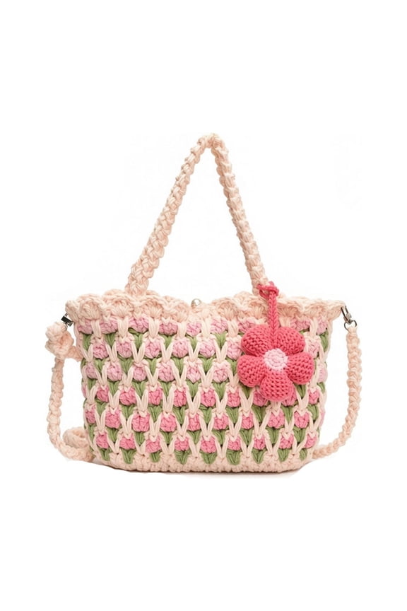Knitted Flower Shoulder Bag for Women Cute Tulip Crocheted Bag Crossbody, for Teen Young Lady Knit Trendy Money Wallet