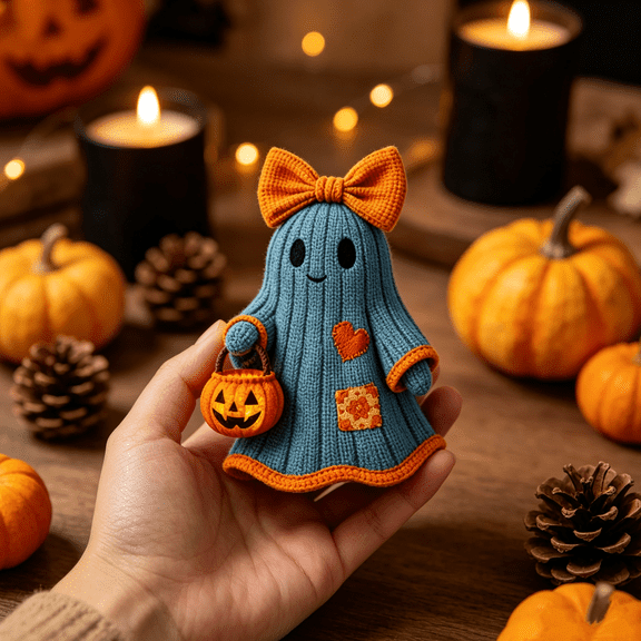 Knitted Ghost Ornament Resin 3.2*4in with Pumpkin Candy Bucket,for Halloween Home Decor 1pc