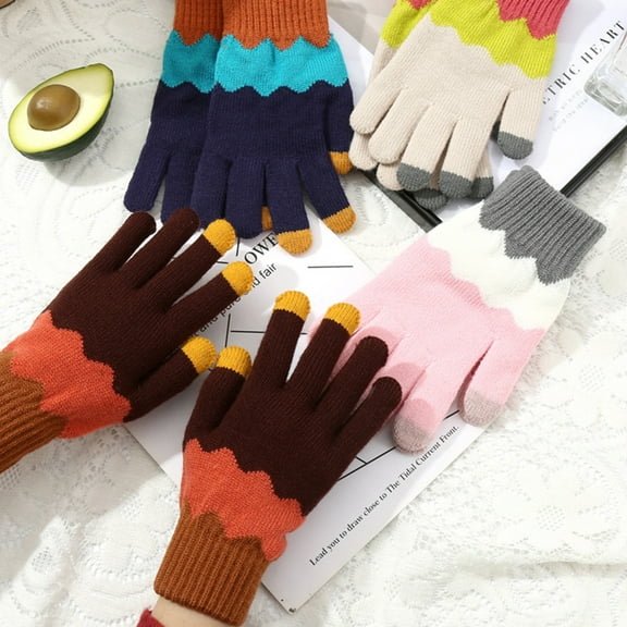 Knitted Gloves Winter Cycling Gloves Colorblock Knitted Elastic Soft Warm Anti slip Five Fingers Warm Windproof Thickened Unisex Gloves