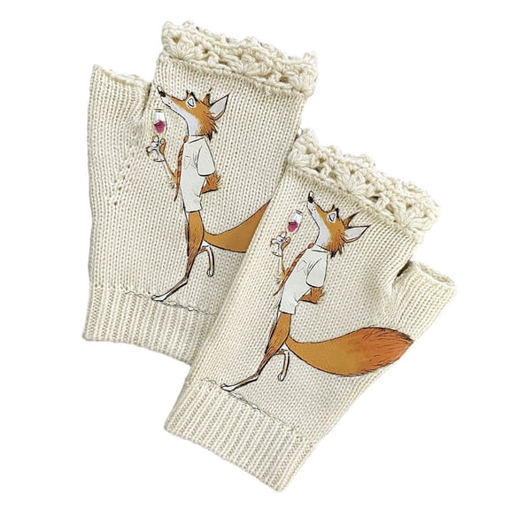 Knitted Gloves with Cartoon Foxes Print Winter Half Finger Mitten Thicken Touchable Screen Gloves for Girlfriend