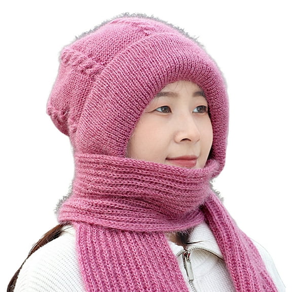 Knitted Hat 2 in 1 Multifunctional Thickened Stretchy Soft Ears Solid Color Windproof Winter Women Beanie Cap Scarf for Outdoor