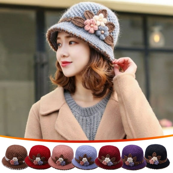 Knitted Hat under $5! Xqxayjr Winter Knitted Hat, Women's Flower Beanie, Ear Protection Wool Hat, Warm Winter Cap, Elderly Warm Hat, Cold Weather Knit Cap for Women