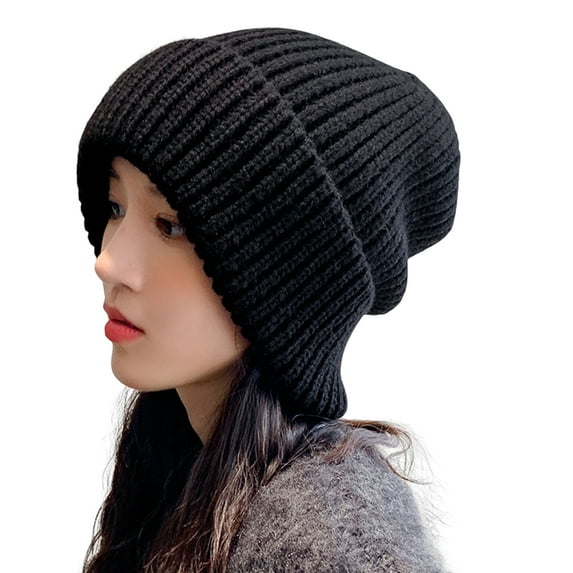 Knitted Hat Baggy Slouchy Ribbed Flanging Stretchy Keep Warm Solid Color Autumn Winter Women Men Beanie Cap for Outdoor,Black
