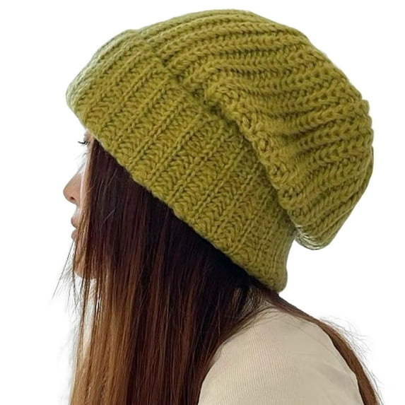 Knitted Hat Baggy Slouchy Ribbed Flanging Stretchy Keep Warm Solid Color Autumn Winter Women Men Beanie Cap for Outdoor,Green