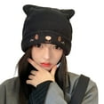 thumbnail image 1 of Knitted Hat Cute Cat Ears Embroidery Face Slouchy Soft Cold Resistant Cozy Autumn Winter Women Beanie Cap for Outdoor,Black, 1 of 8