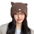 thumbnail image 1 of Knitted Hat Cute Cat Ears Embroidery Face Slouchy Soft Cold Resistant Cozy Autumn Winter Women Beanie Cap for Outdoor,Coffee, 1 of 8