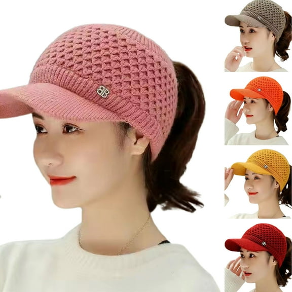 Knitted Hat Empty Top Plush Lining Casual Peaked Stretchy Keep Warm Solid Color Autumn Winter Women Sports Cap for Outdoor,Black