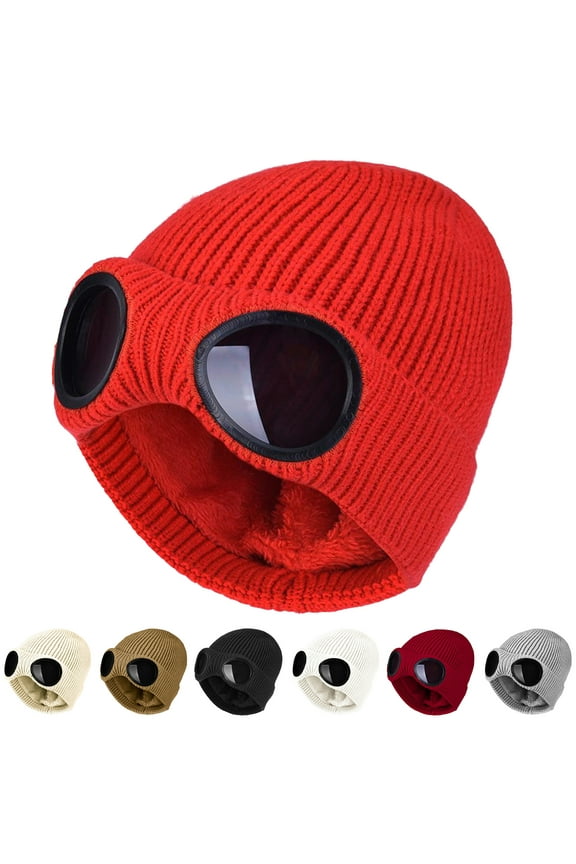 Knitted Hat Glasses Decor Stretchy Soft Plush Lining Casual Ears Protection Solid Color Autumn Winter Women Men Skull Beanie Cap Streetwear,Black