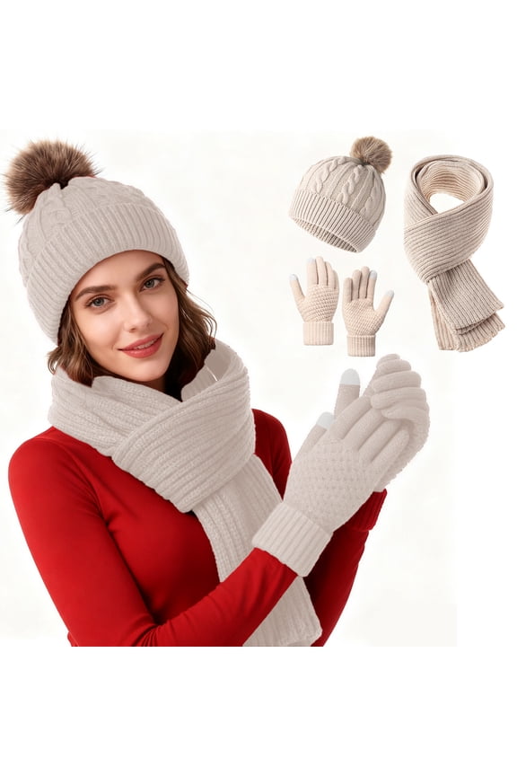 Knitted Hat Set of 3 Winter Warm Hat with Scarf and Gloves for Women Men, Outdoor Solid Color Knitted Hat Scarf Gloves Kit (Beige)