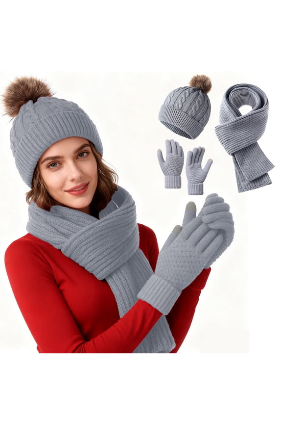 Knitted Hat Set of 3 Winter Warm Hat with Scarf and Gloves for Women Men, Outdoor Solid Color Knitted Hat Scarf Gloves Kit (Silver)