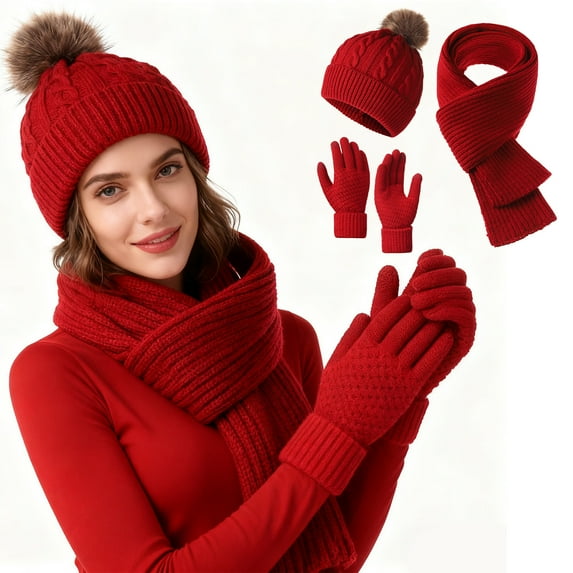 Knitted Hat Set of 3 Winter Warm Hat with Scarf and Gloves for Women Men, Outdoor Solid Color Knitted Hat Scarf Gloves Kit (Wine)