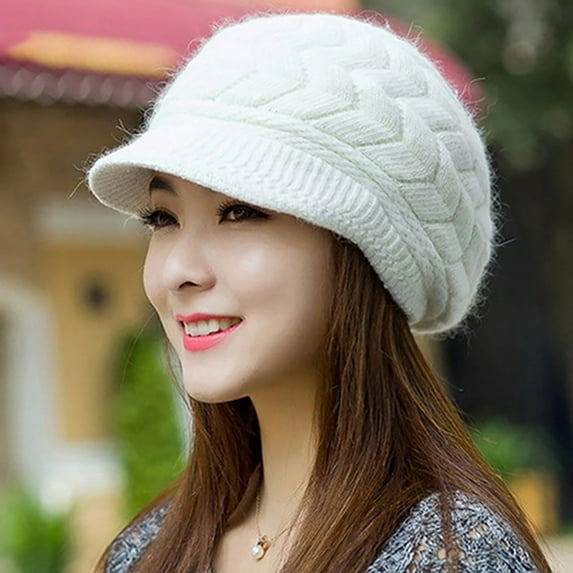 Knitted Hat Warm Flat Brim,Faux Rabbit Fur Women Hat