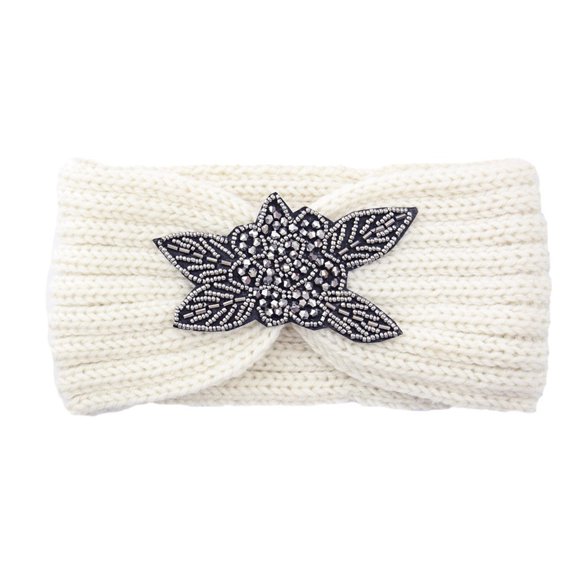 Knitted Headbands for Women with Hand Woven Twist - Beaded Clover Detail Ear Warmer Stretch Winter Hair Band Head Wrap for Cold Weather White