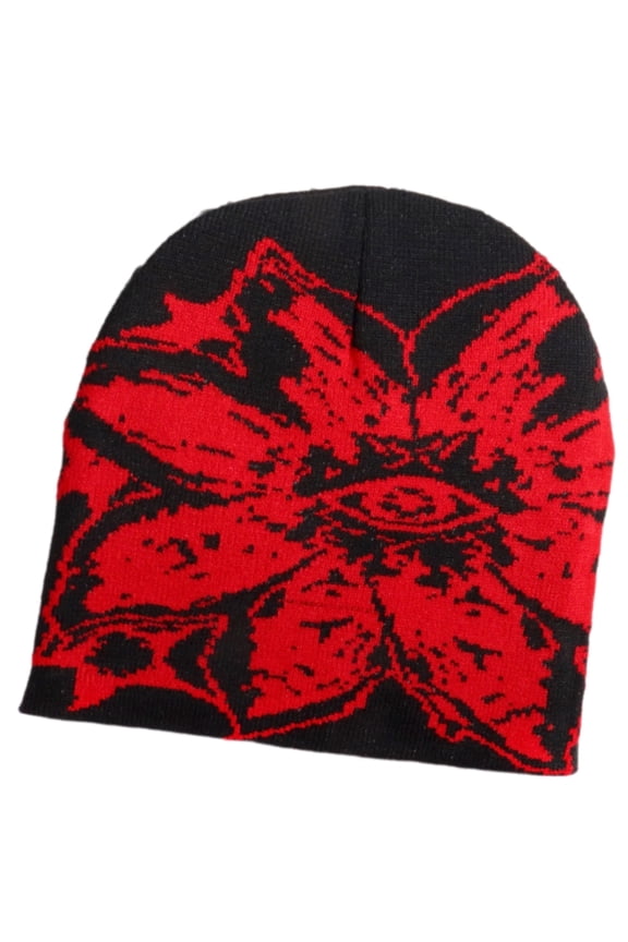 Knitted Hiphop Beanies Hat with Jacquard Eye Flower Pattern for Daily Wear