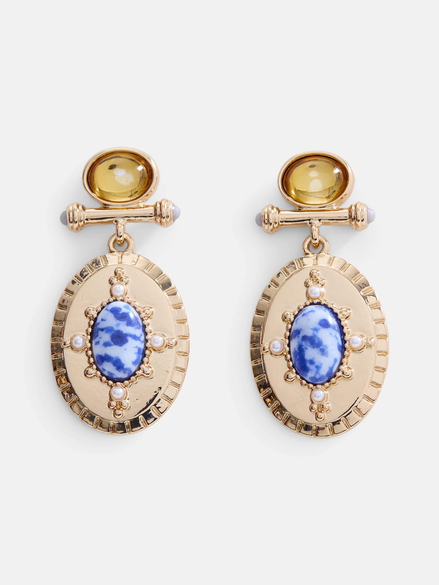Scenario Women's Gold-Tone Bar Drop Earrings with Oval and Faux Sodalite Stones