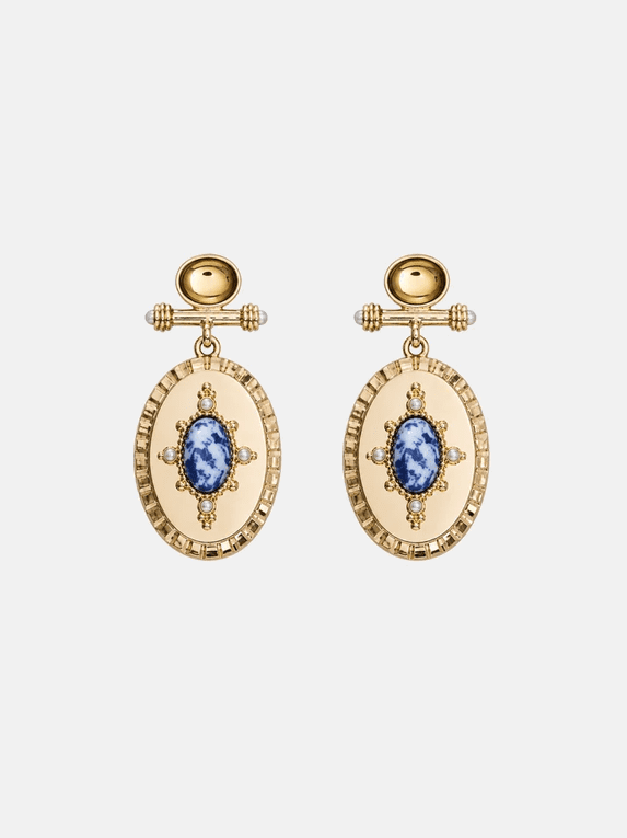 Scenario Women's Gold-Tone Bar Drop Earrings with Oval and Faux Sodalite Stones