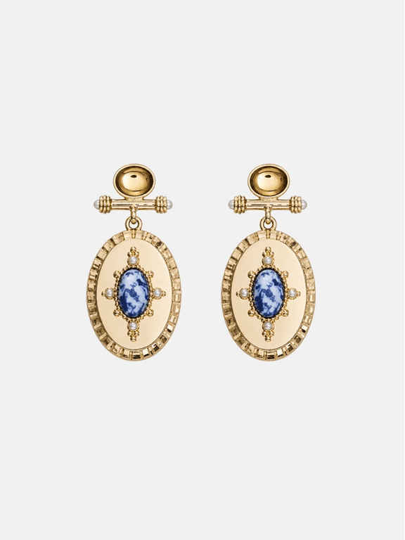 Women's Gold-Tone Bar Drop Earrings with Oval and Faux Sodalite Stones