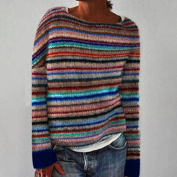 Knitted Isle Print Retro Sweater, Casual Loose Crewneck Long Sleeve, Lightweight Cropped Pullover, Acrylic Fibe, Multicolor 5XL, Size S-XXXXXL