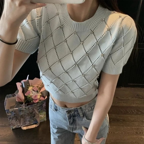 Knitted Korean Sweater Women Summer Short Sleeve O-neck Knitwear Pullover Elegant Stylish Chic Top Jumpers
