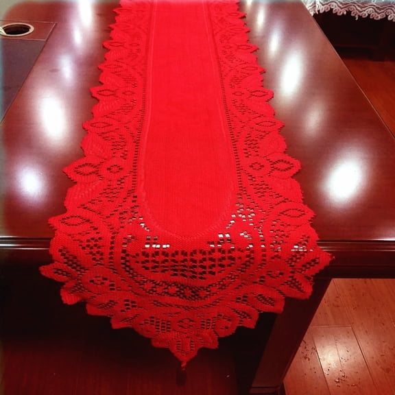 Knitted Lace Table Runner, Red and White Knitted Lace Rectangular Runner for Wedding Banquet Party Coffee Table Decoration，Red