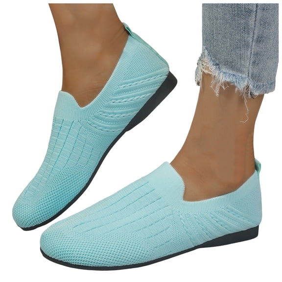 Knitted Loafers for Women Wide Width Round Toe Breathable Slip on Flat Shoes Comfy Soft Sole Nonslip Walking Shoes Light Blue Size 8