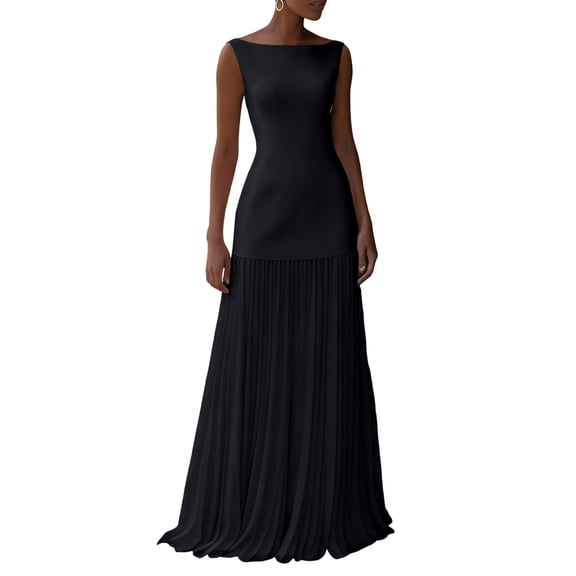 Knitted Long Dresses Woman Sleeveless Pleated Maxi Dress Patchwork Vest Elegant Dresses For Women Black L