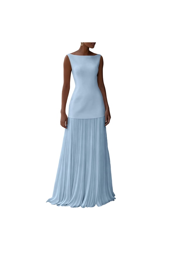 Knitted Long Dresses Woman Sleeveless Pleated Maxi Dress Patchwork Vest Elegant Dresses For Women Light Blue M